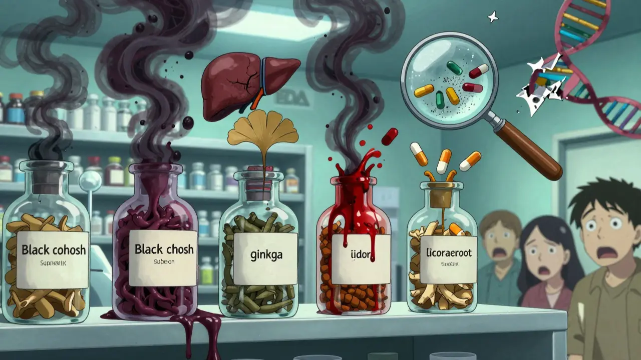 Herbal supplement bottles leaking toxic smoke that forms monstrous shapes representing organ damage.