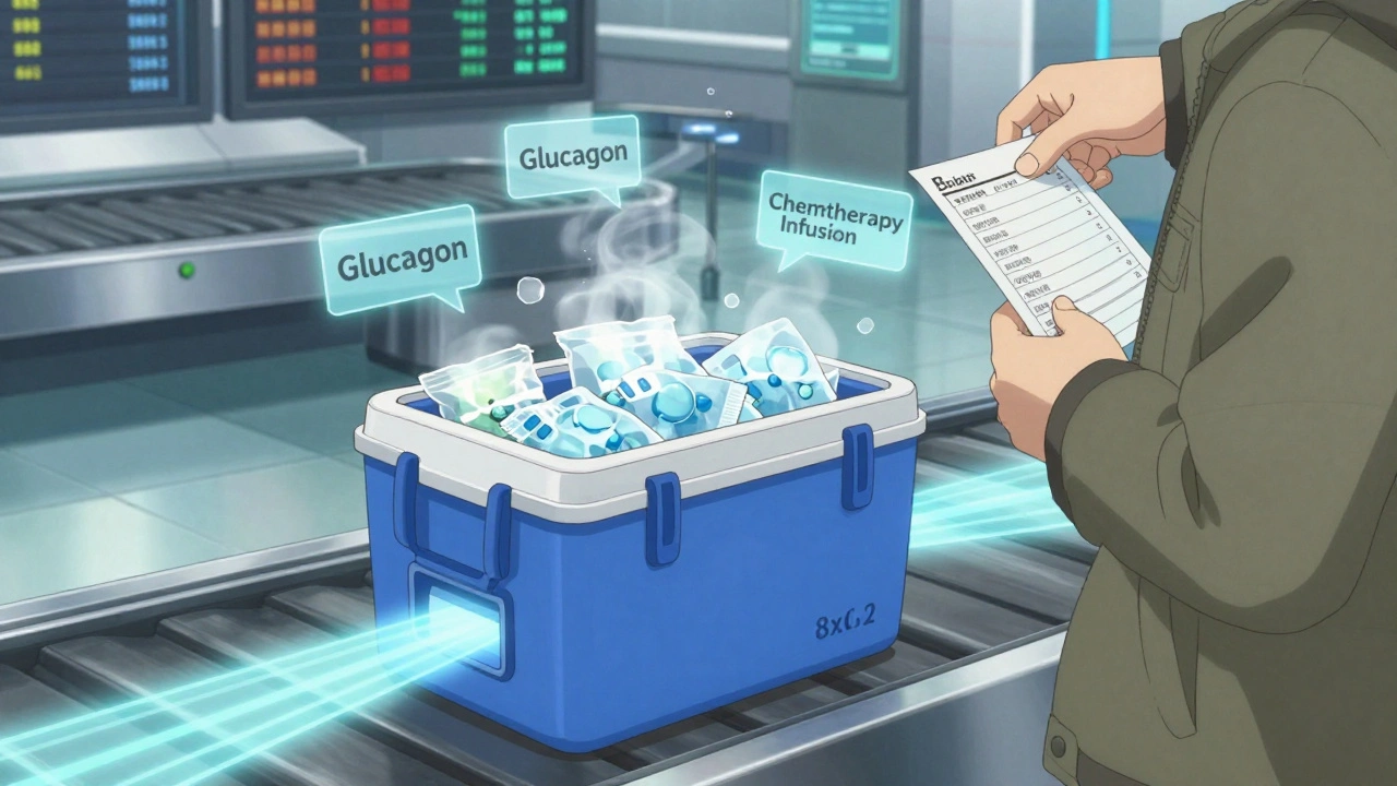 Medical cooler with ice packs being scanned at airport security