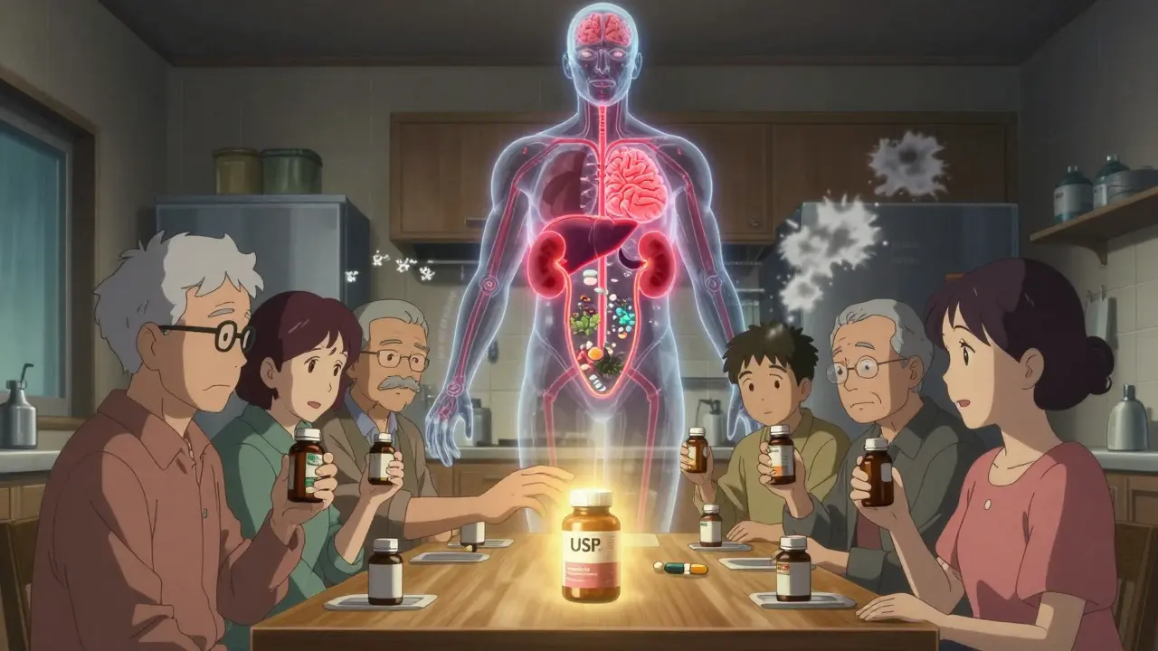 Older adults at a table with transparent body showing dangerous herb-drug interactions.