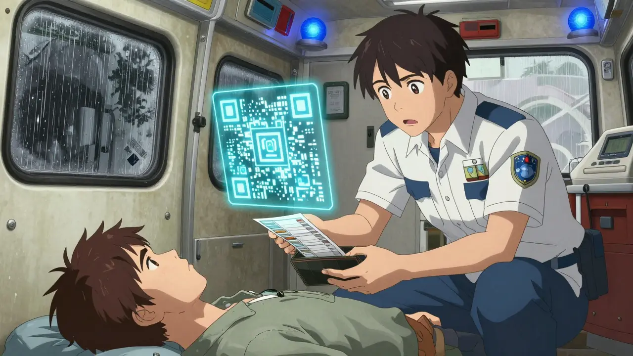 Paramedic reading a medication list from a patient’s wallet as a holographic QR code glows above.