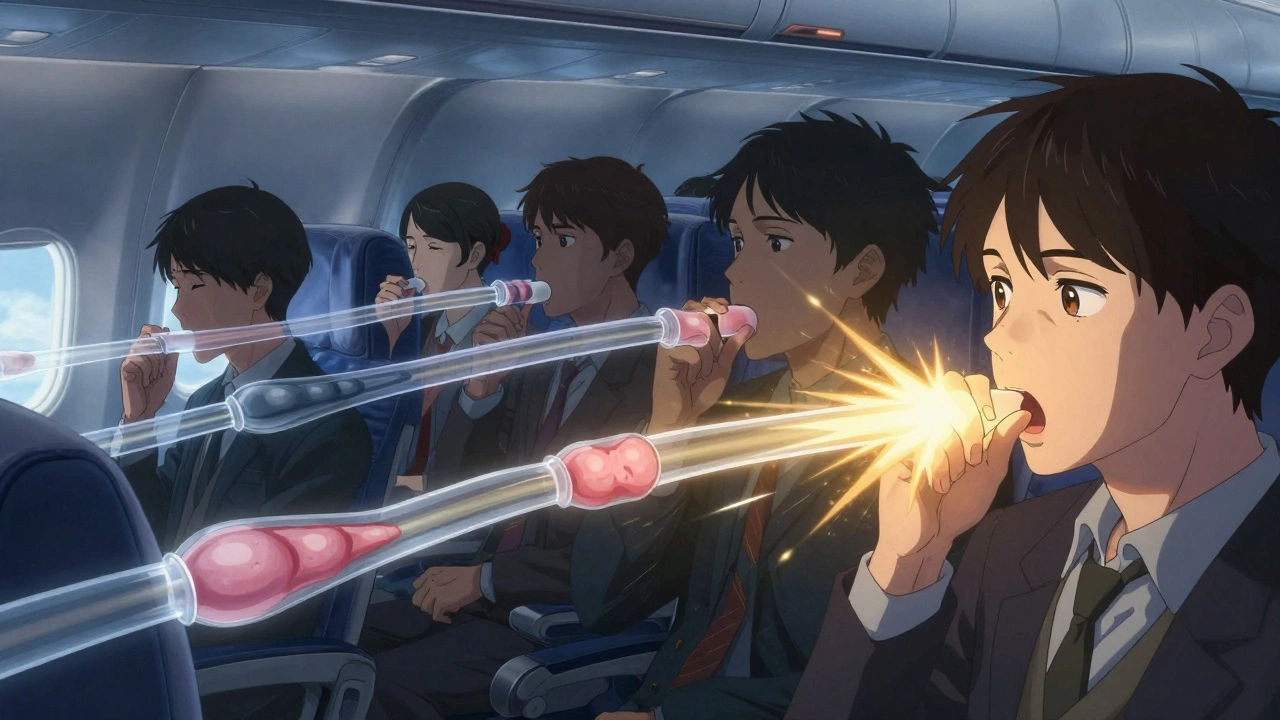 Passengers on a plane performing pressure-relief techniques with animated Eustachian tubes.
