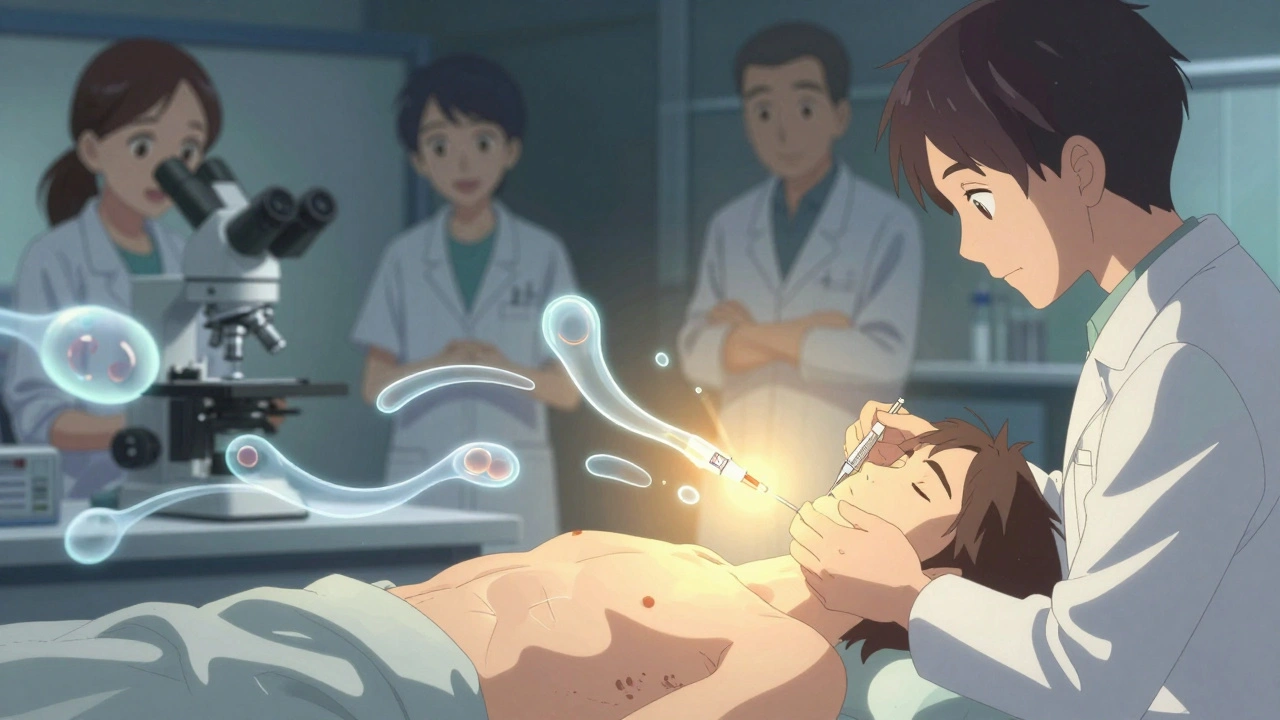 Patient receiving injection surrounded by serene protein auroras, symbolizing safe batch variation.