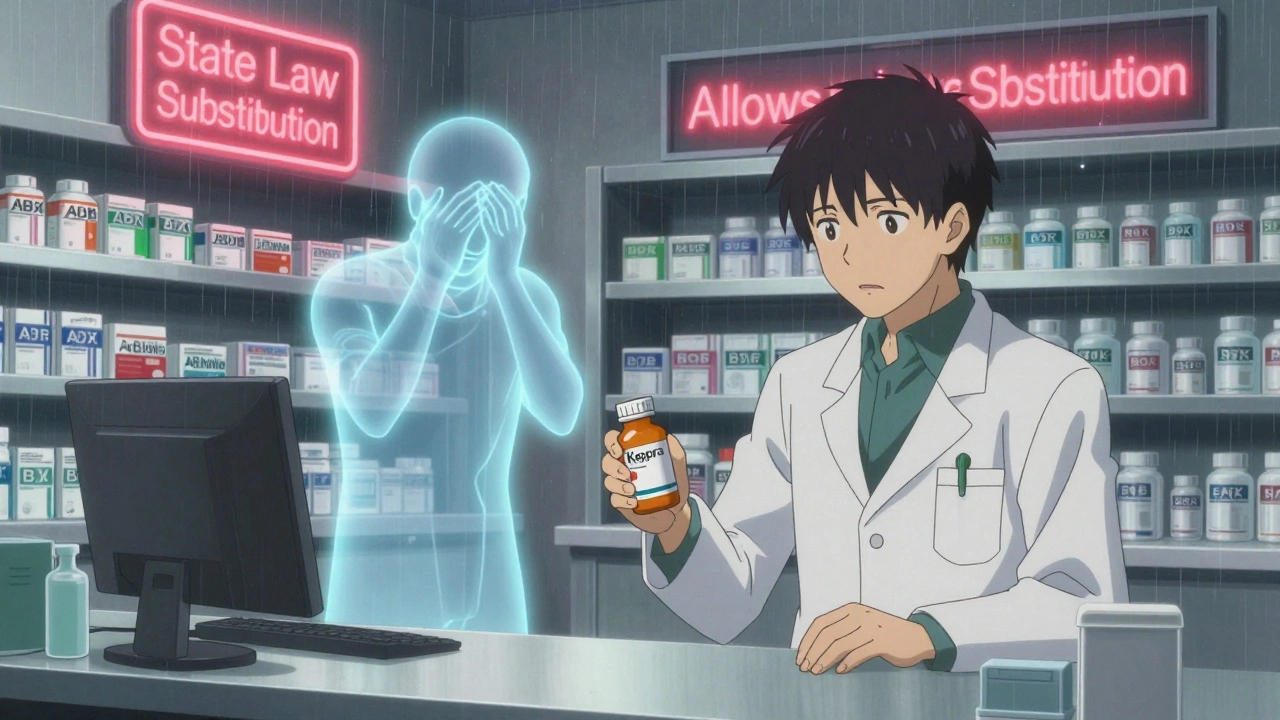 Pharmacist hesitating between brand and generic drug bottles while a ghostly patient seizes in the background.