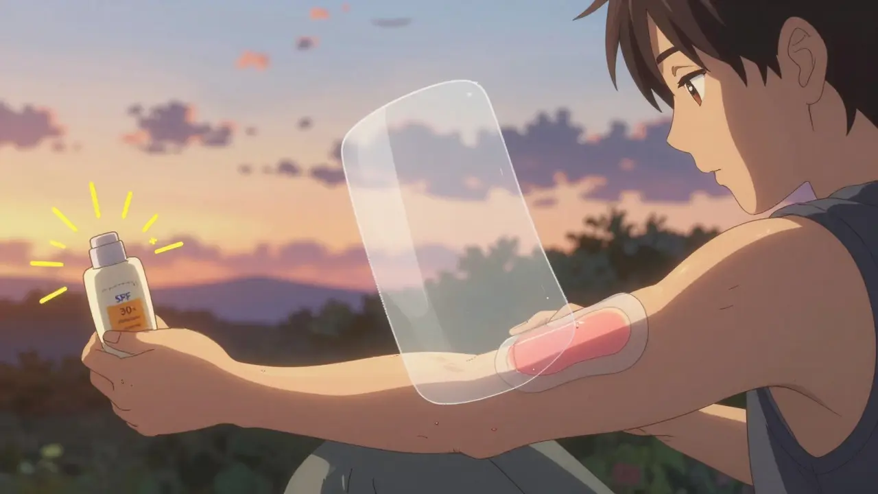 Someone applying silicone gel to a scar at sunset, with a protective UV shield glowing above.