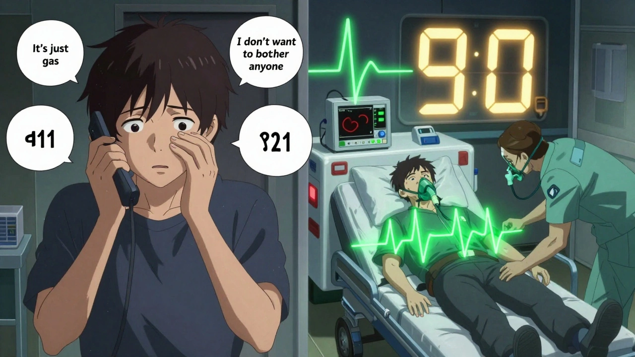 Split scene: hesitation vs. emergency ambulance ride with glowing ECG and countdown timer.