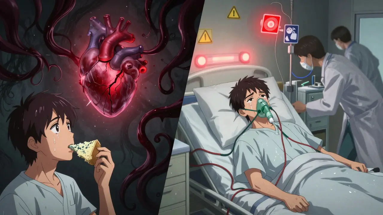 Split scene: person eating cheese with pill vs. hospitalized with flashing lights, intense anime aesthetic