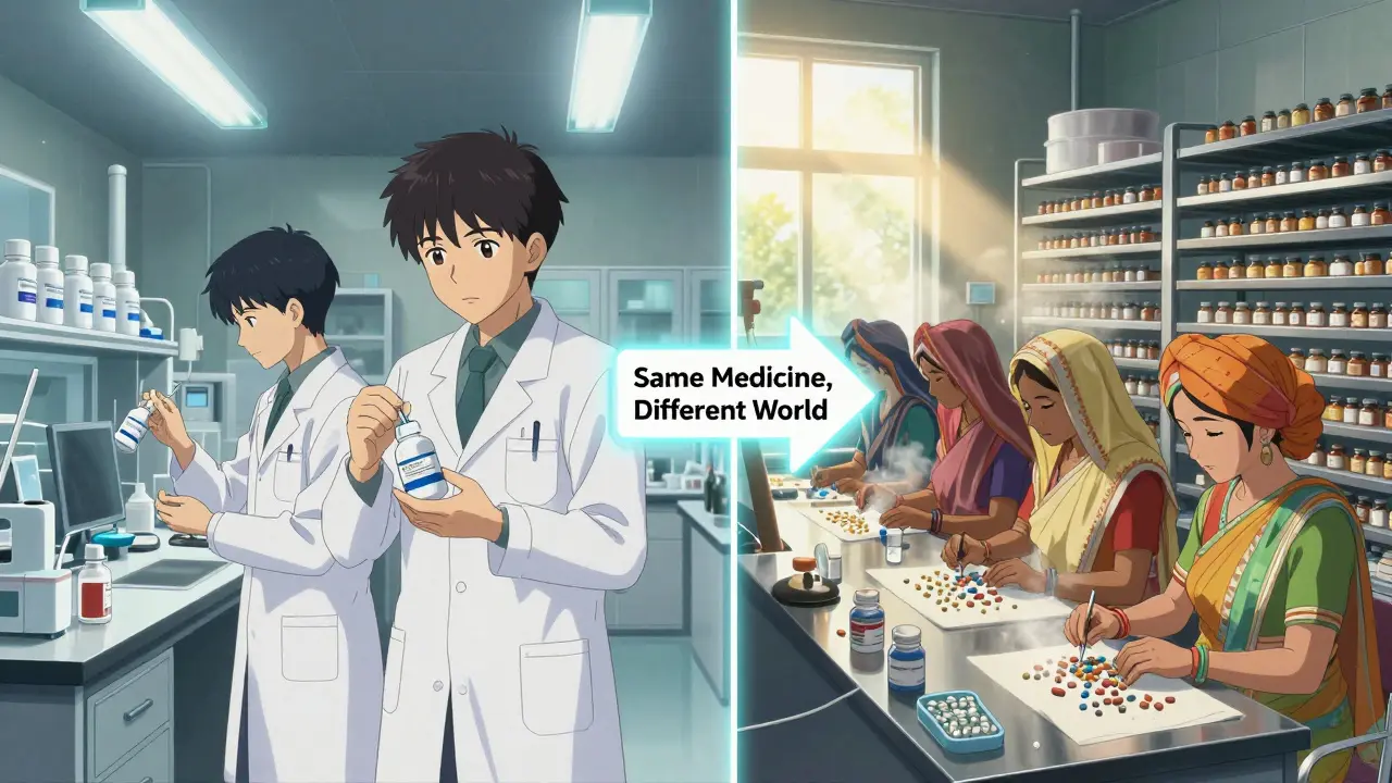 Split scene: Western lab vs. Indian generic factory, showing same medicine, different worlds of access.