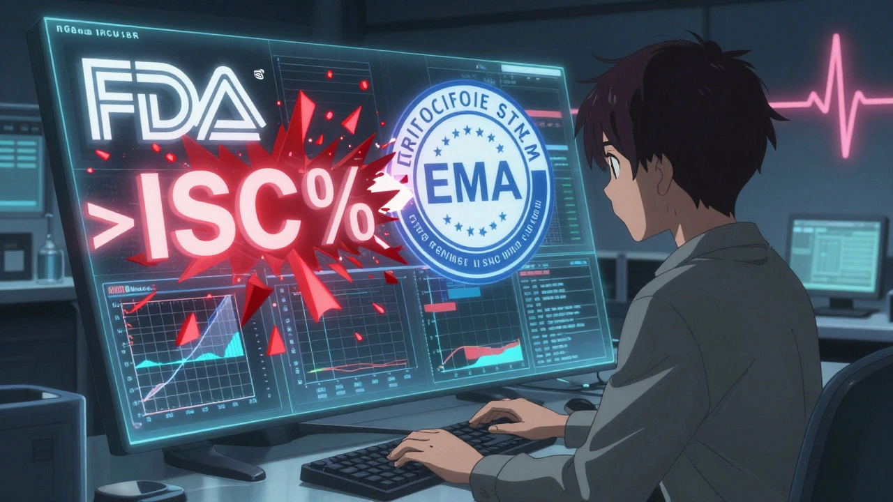 Statistician using replicateBE software as regulatory seals merge, with patient heartbeat symbolizing safety.