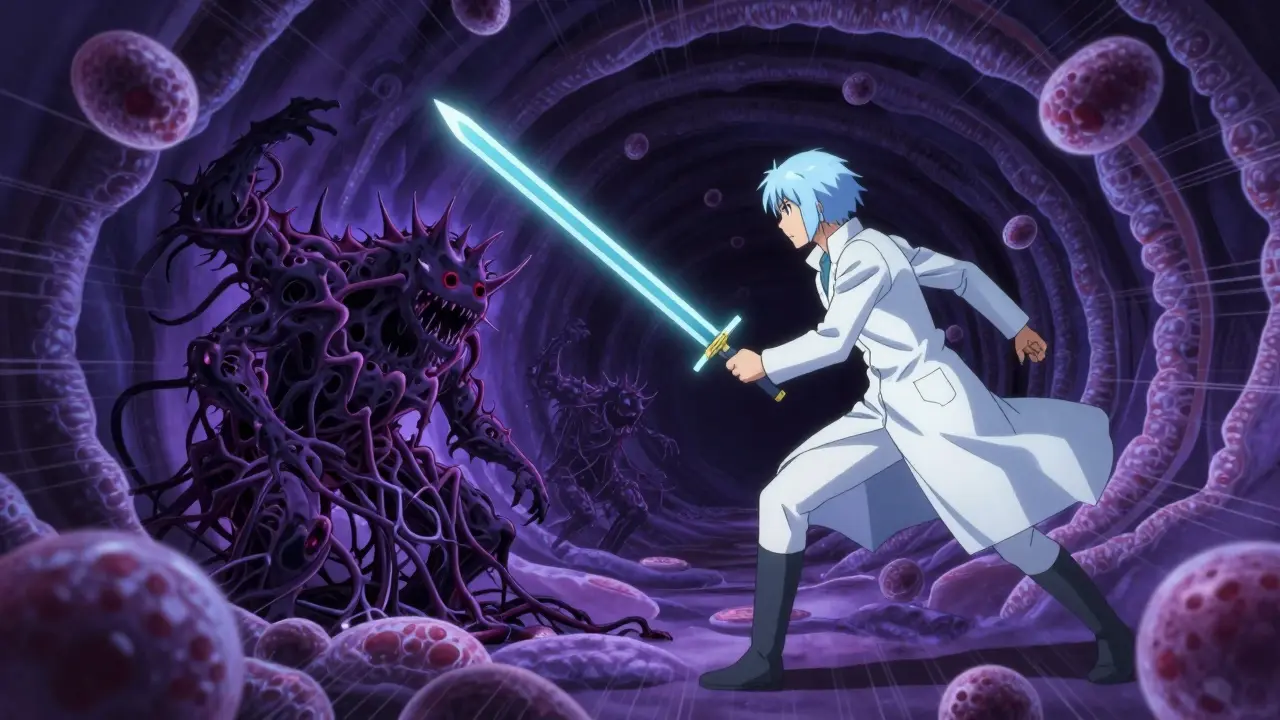 Surreal battle between inflammation monsters and a budesonide warrior inside a colon tunnel.