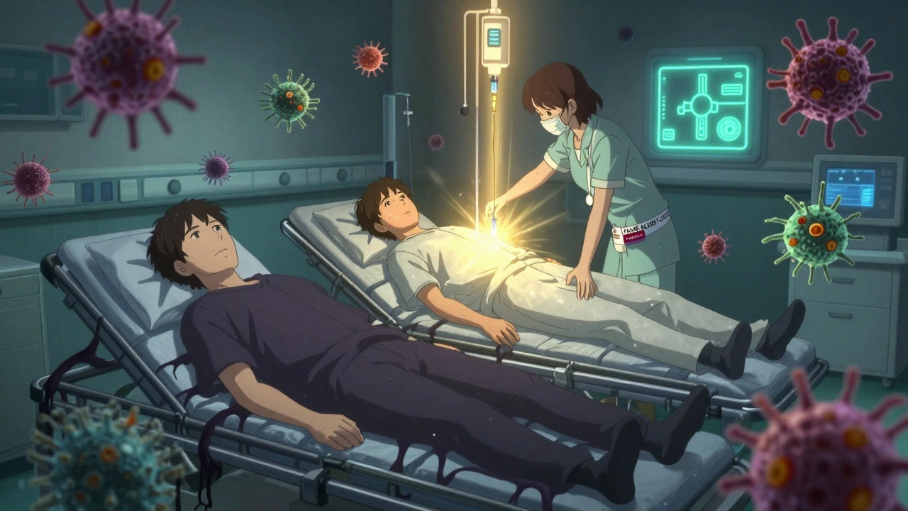 Three hospital patients showing contrasting outcomes: one with dangerous antibiotics, one with safe penicillin, and one with a cleared allergy bracelet.