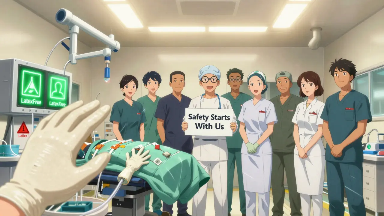 Transformed operating room with latex-free equipment and staff united under glowing 'Latex-Free' labels.