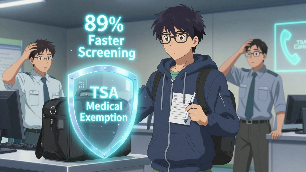 Traveler protected by medical exemption shield at security with AI scanner