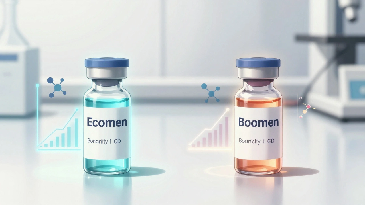 Two biosimilar vials beside the original, each with unique molecular auras and FDA similarity boundaries.