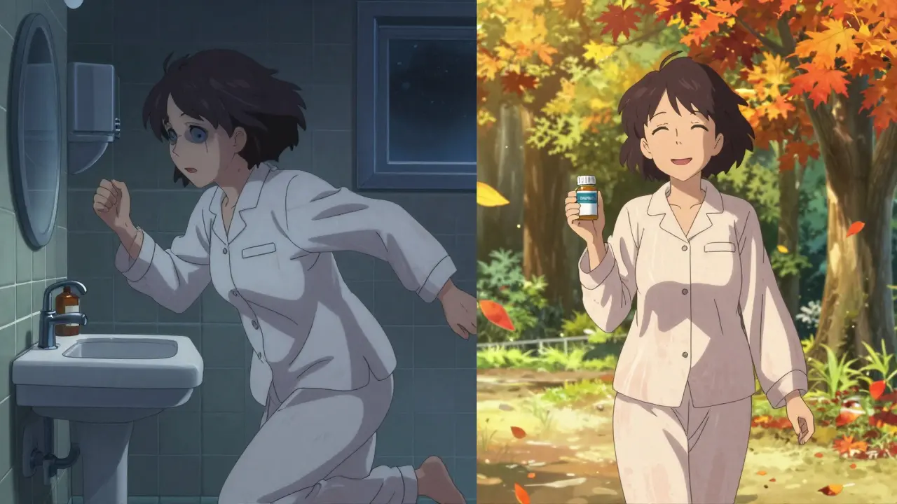 Woman transitioning from nighttime bathroom rush to peaceful walk in the park with budesonide pill.