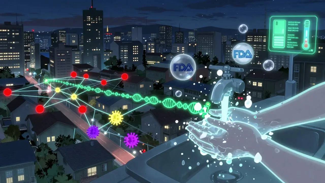 A cityscape with glowing data streams of foodborne pathogens, a giant hand washing, and floating safety icons in a cyberpunk anime style.