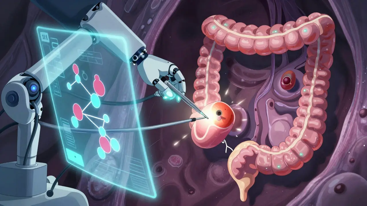 A colonoscopy with AI holograms assisting in removing a hidden serrated polyp in a stylized medical scene.
