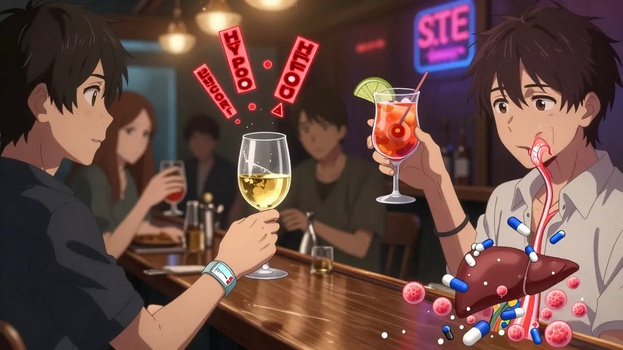 A diabetic person at a bar choosing wine while internal liver and insulin visuals show dangerous interactions.