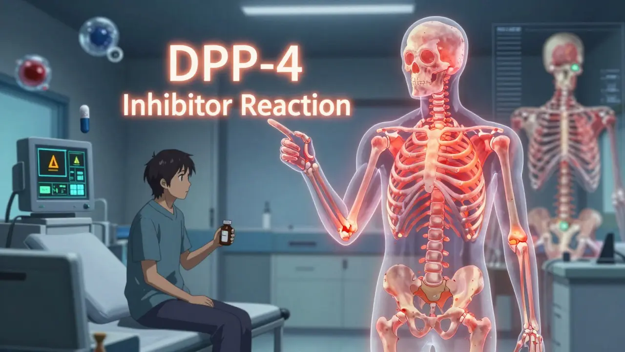 A doctor pointing at a glowing skeleton with red joints, patient holding a pill bottle in a medical setting.