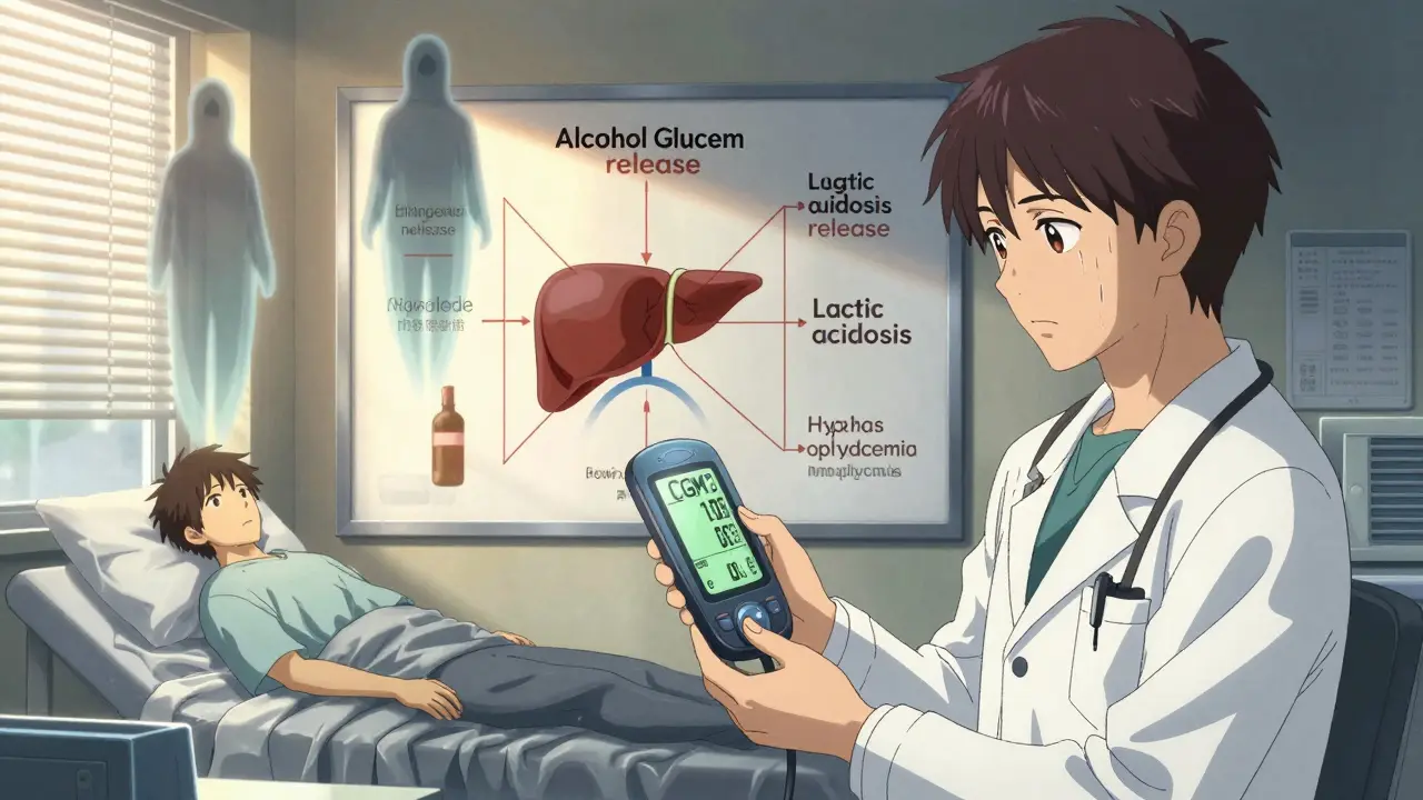 A doctor reviewing CGM data with animated flowchart showing alcohol’s impact on diabetes and liver function.