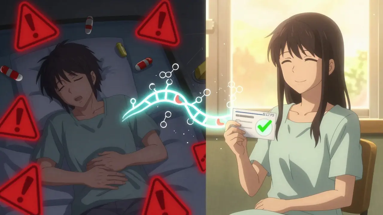 A patient transformed from suffering to relief, connected by a glowing genetic map.