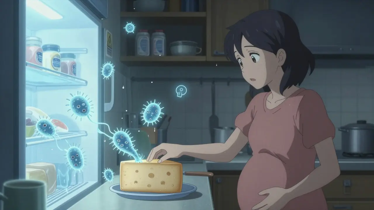 A pregnant woman reaching for soft cheese as sinister Listeria bacteria creep from the fridge, glowing with eerie blue light.