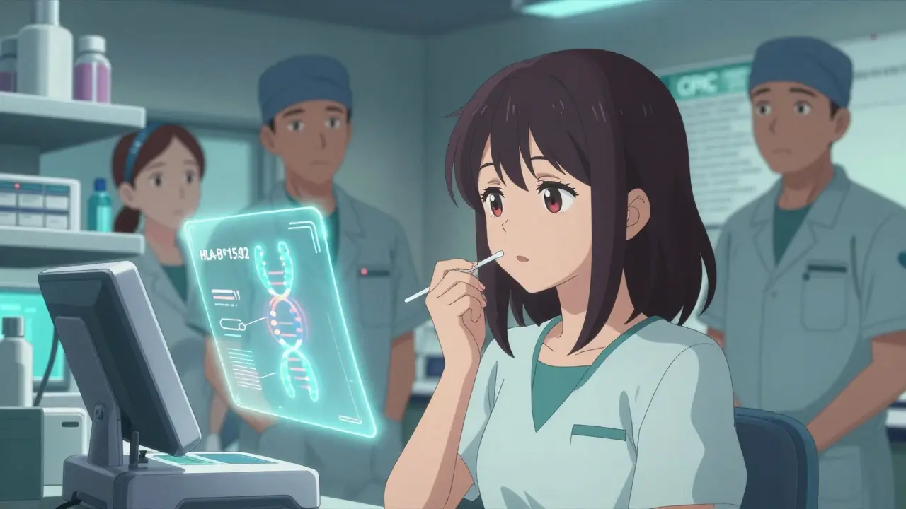 A woman getting a cheek swab while holographic gene profiles project around her in a clinical lab.