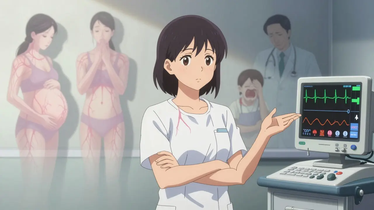 A young woman in an ER is dismissed by a doctor while ghostly life events cast shadows, her microvascular heart unseen.