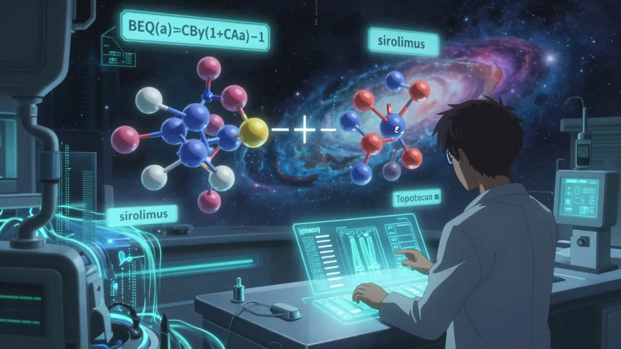 AI projecting molecular synergy equations in a futuristic lab, with floating dosage sliders and glowing data streams.