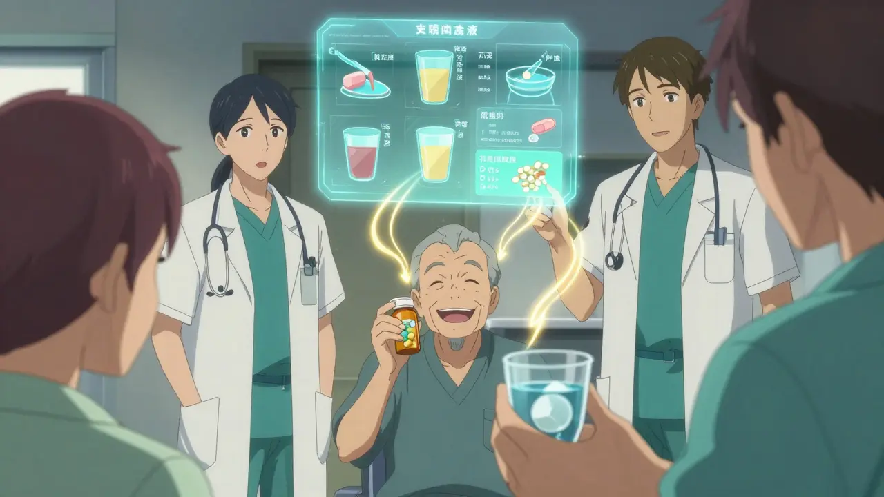 Care team collaborating around a patient, hologram showing safe swallowing techniques and medication options.