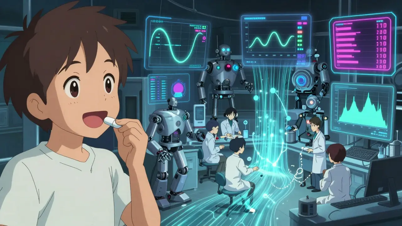Child taking medicine as digital lab systems glow behind them, symbolizing safety