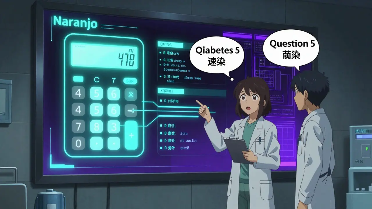 Digital Naranjo Scale calculator auto-filling data on a hospital screen with pharmacists debating causes.