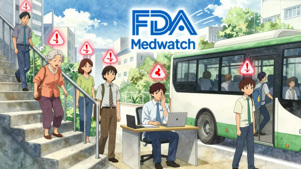 Diverse people in daily life with floating red warning icons above them, symbolizing medication side effects and collective reporting.