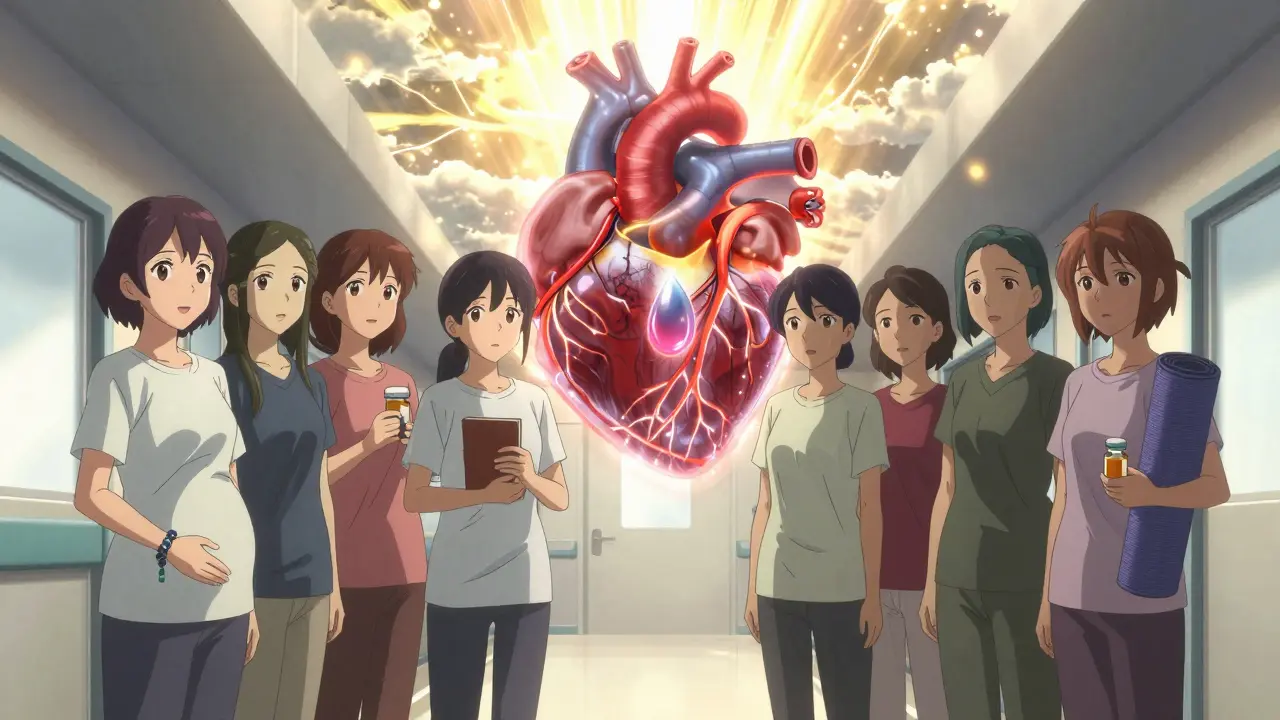 Diverse women stand together holding symbols of their health journeys, a glowing heart with microvessels behind them.