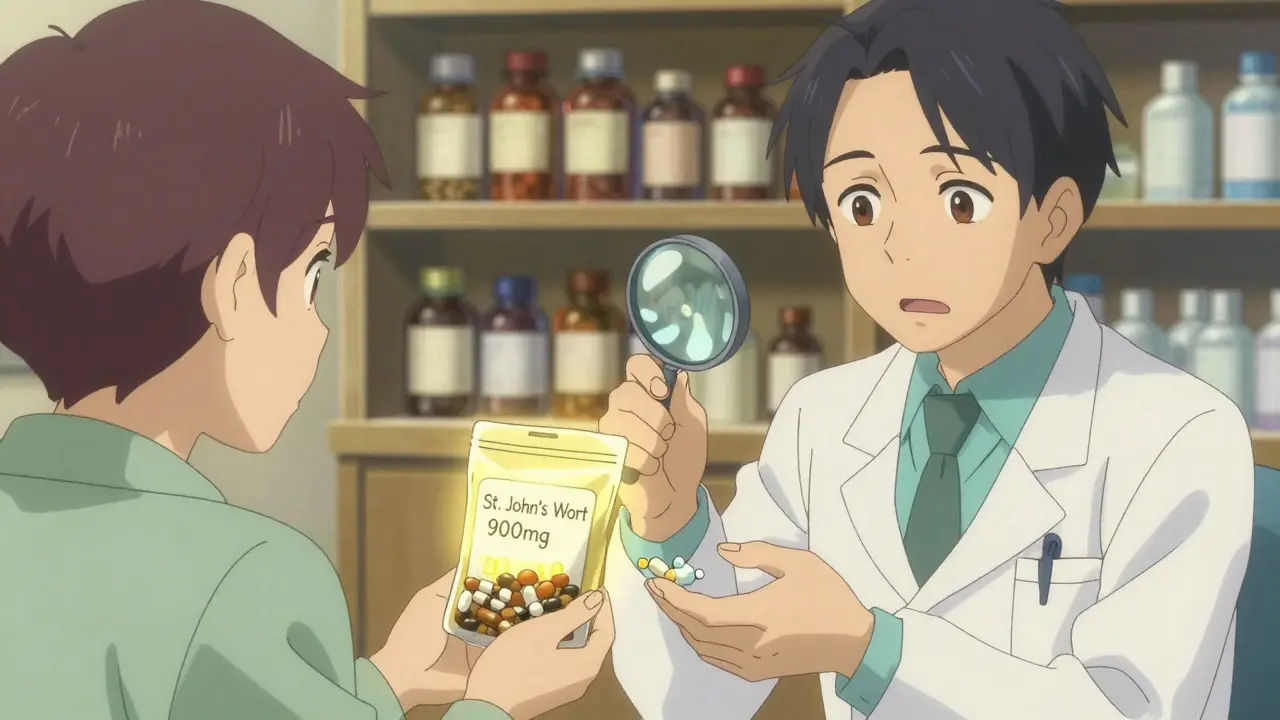 Doctor examining supplement bottle in clinic, patient offering herbal products.