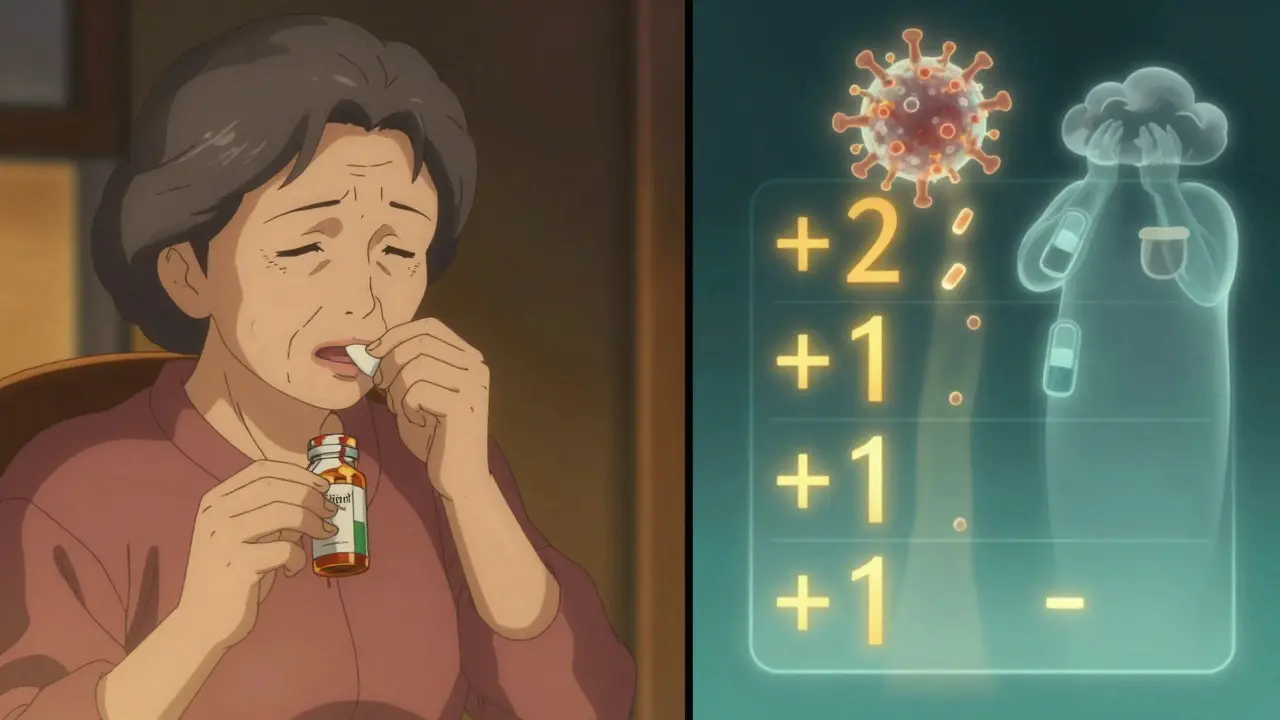 Elderly woman with a dry cough beside a floating scorecard showing +2, +1, +1, +1, -1 for lisinopril.