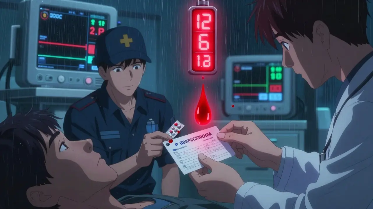 Emergency team administering reversal agent with glowing DOAC data and timer