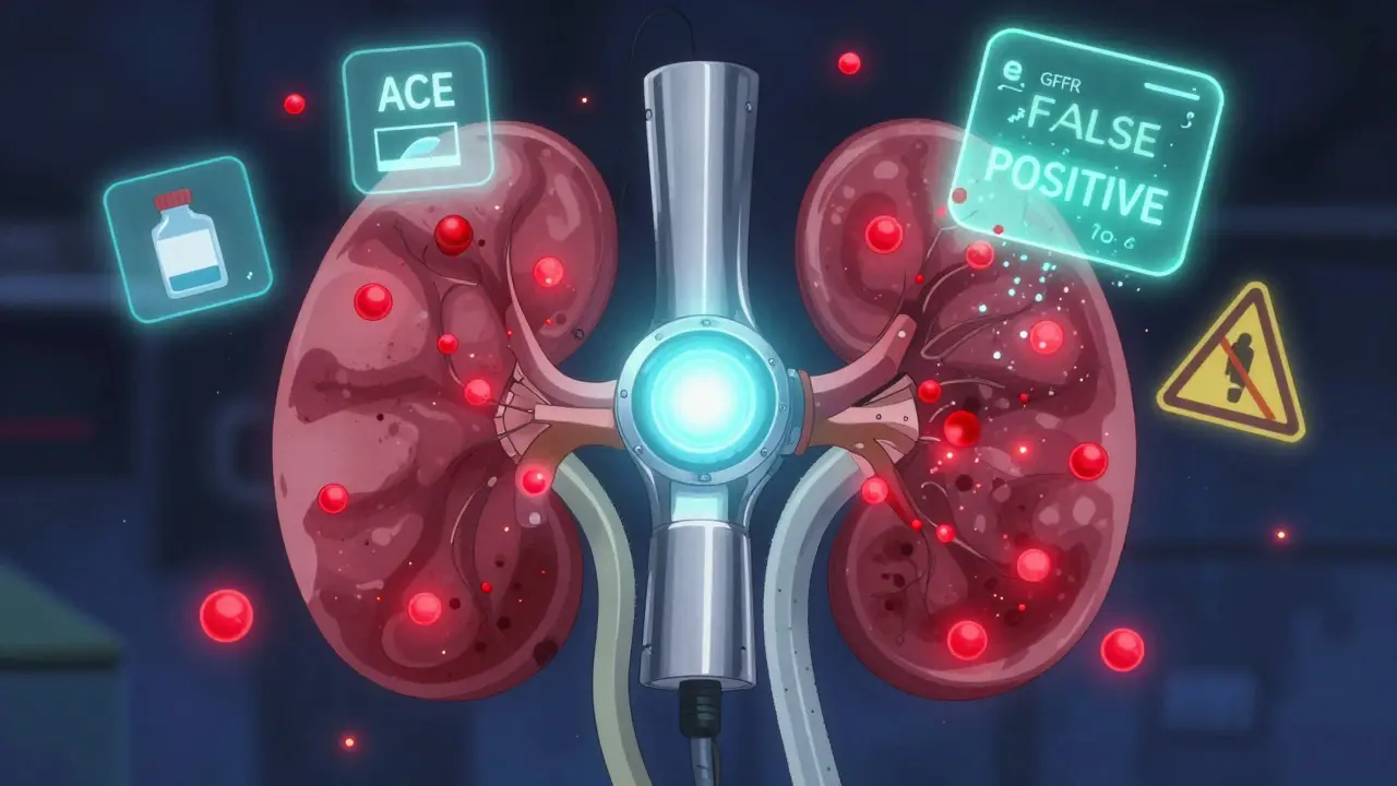 Futuristic kidney filter with red creatinine flooding in, balanced by a glowing cystatin C sensor.