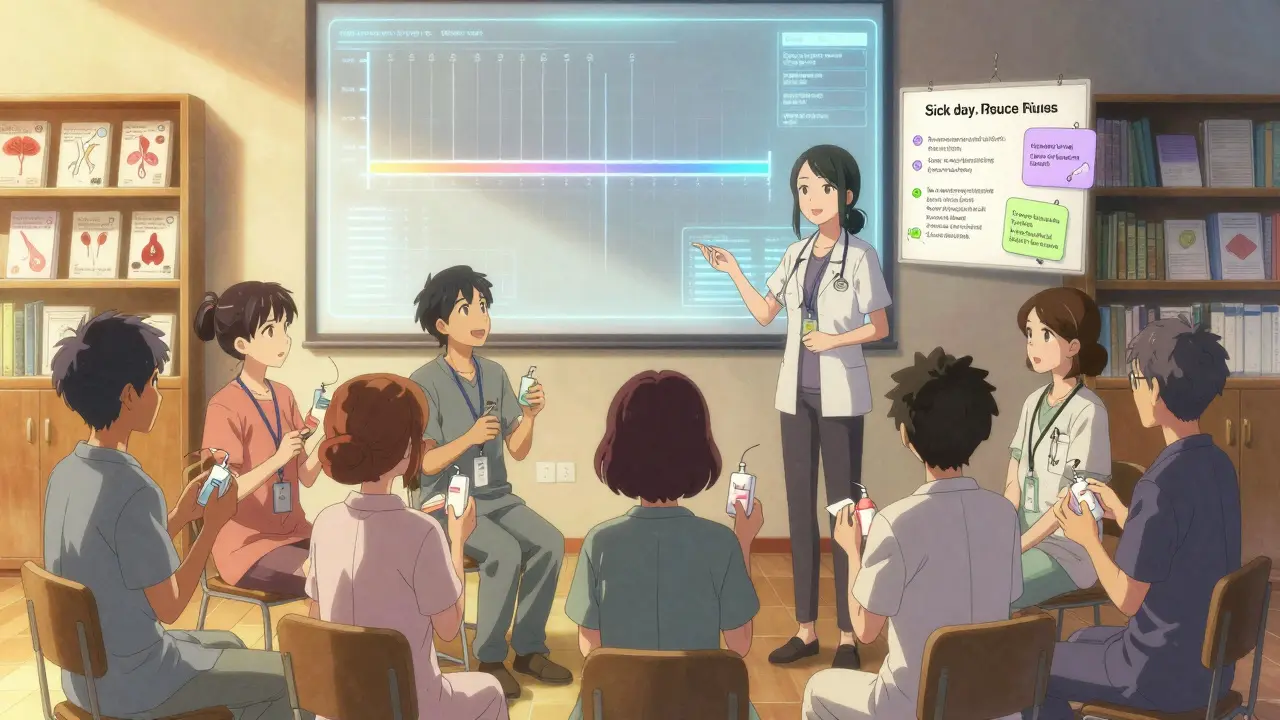 Group of Addison’s patients in support meeting with holographic cortisol rhythm display.
