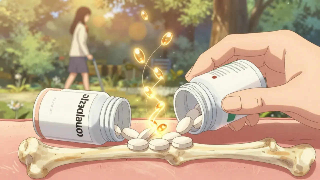 Hand holding calcium citrate with vitamin D molecules rising into a healthy bone structure.