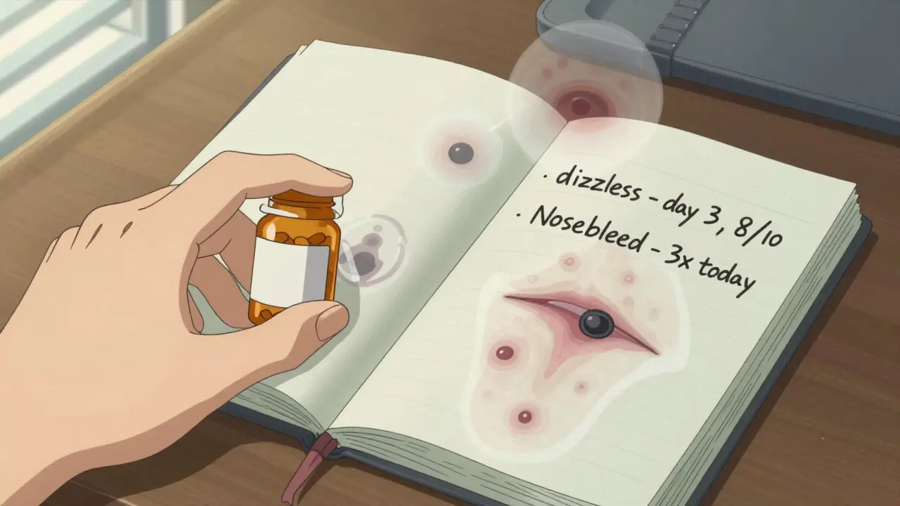 Hand holding pill bottle next to a diary listing symptoms like dizziness and nosebleeds, with ghostly medical warning overlays.