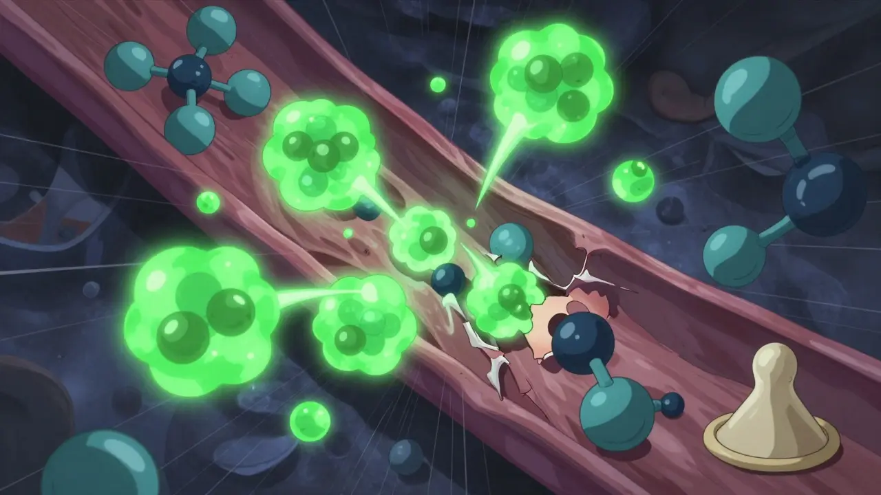Internal body view showing contraceptive hormones being broken down by enzyme clouds.