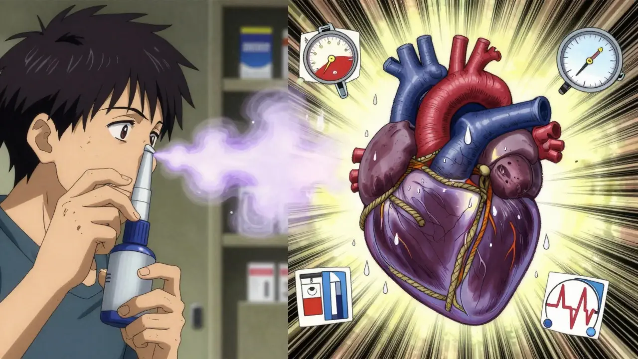 Man using nasal spray as violet mist enters bloodstream and heart struggles with tight arteries.
