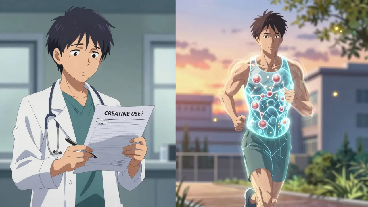 Nephrologist reviewing chart while patient jogs, creatine molecules swirling like fireflies around them.