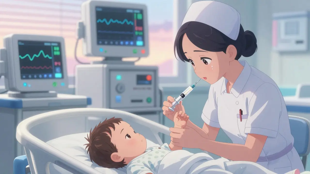 Nurse and clinician double-checking a micro-dose cardiac medication for a premature infant in neonatal ICU.