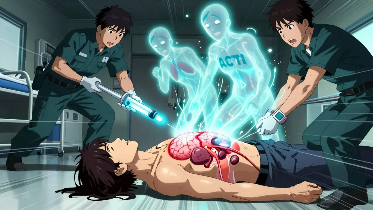 Patient collapsing in hospital as paramedics administer emergency injection, medical bracelet visible.