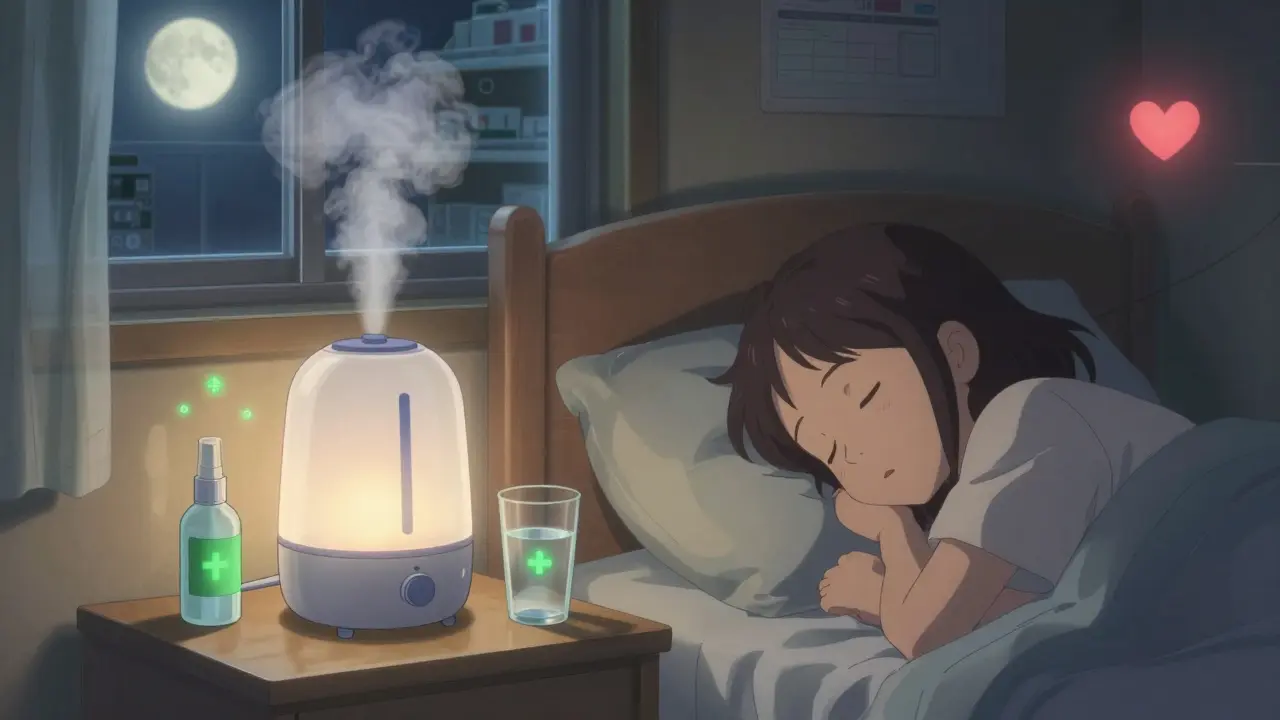 Patient sleeping peacefully beside humidifier and saline spray, with gentle glowing safety symbols.