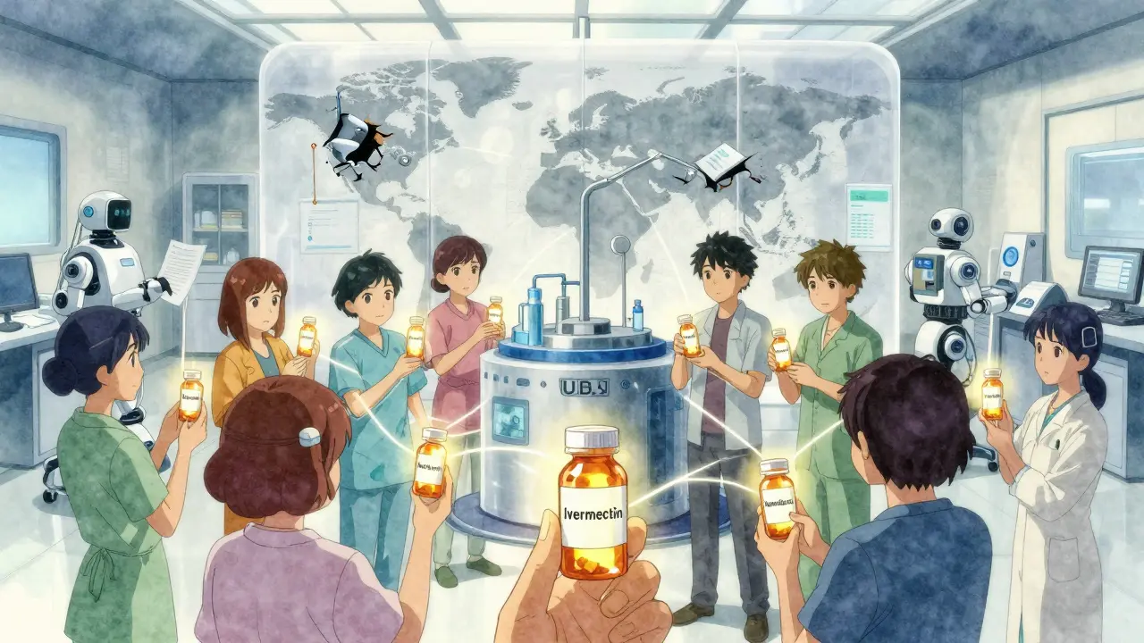 Patients connected by golden threads to a U.S. drug manufacturing hub as global supply chains collapse.