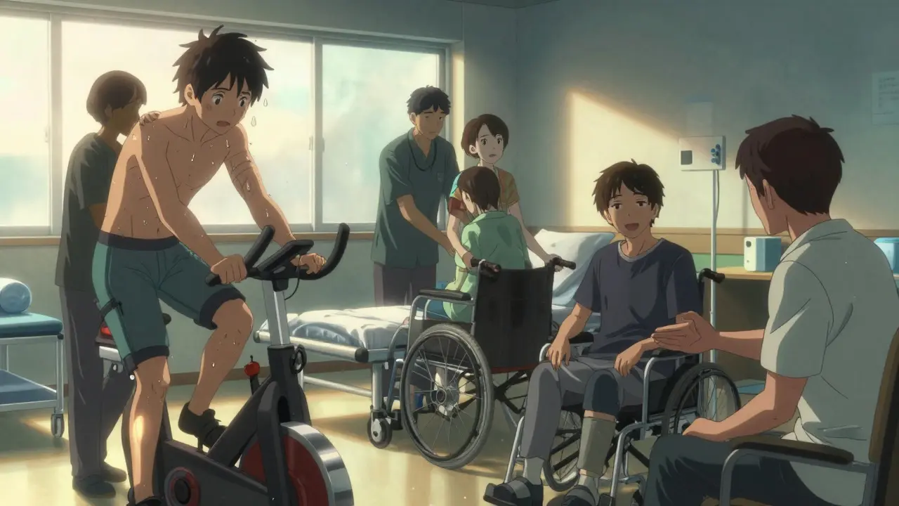 Patients in rehab using FES bike, transferring to wheelchair, and receiving emotional support from peer and therapist.