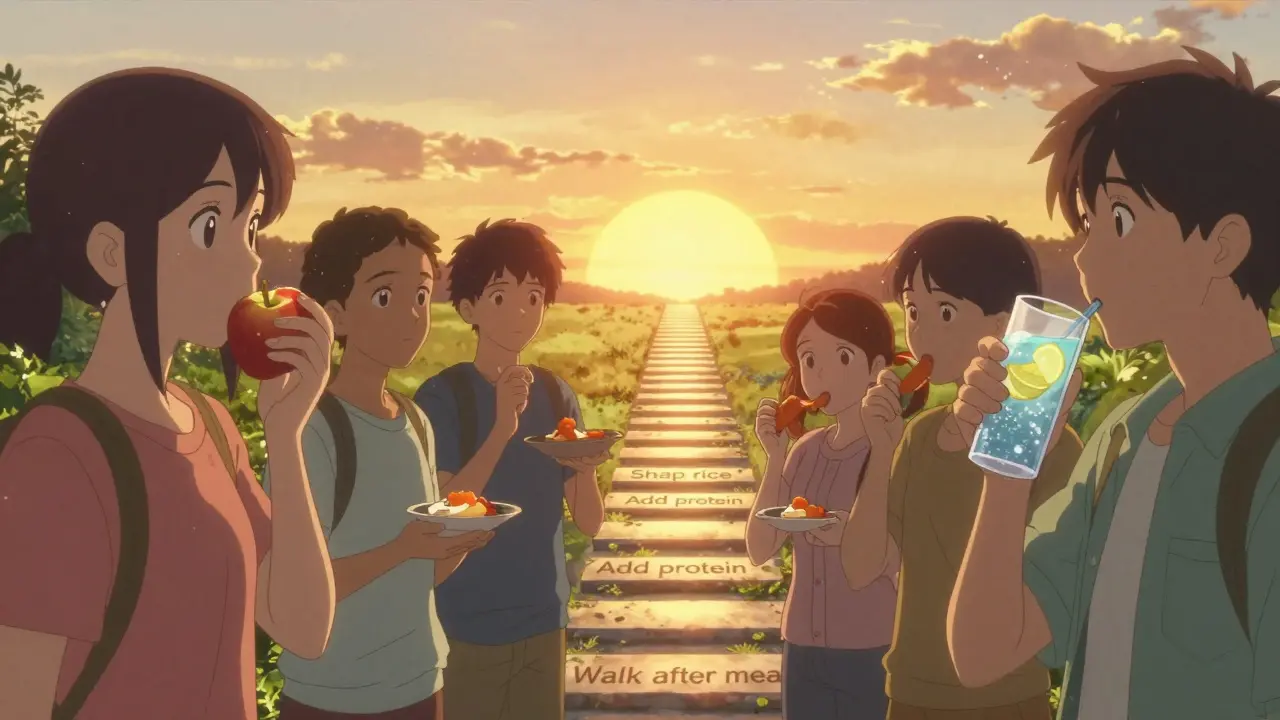 People in a park enjoying healthy snacks under a sunset, with a glowing path of healthy habits behind them.