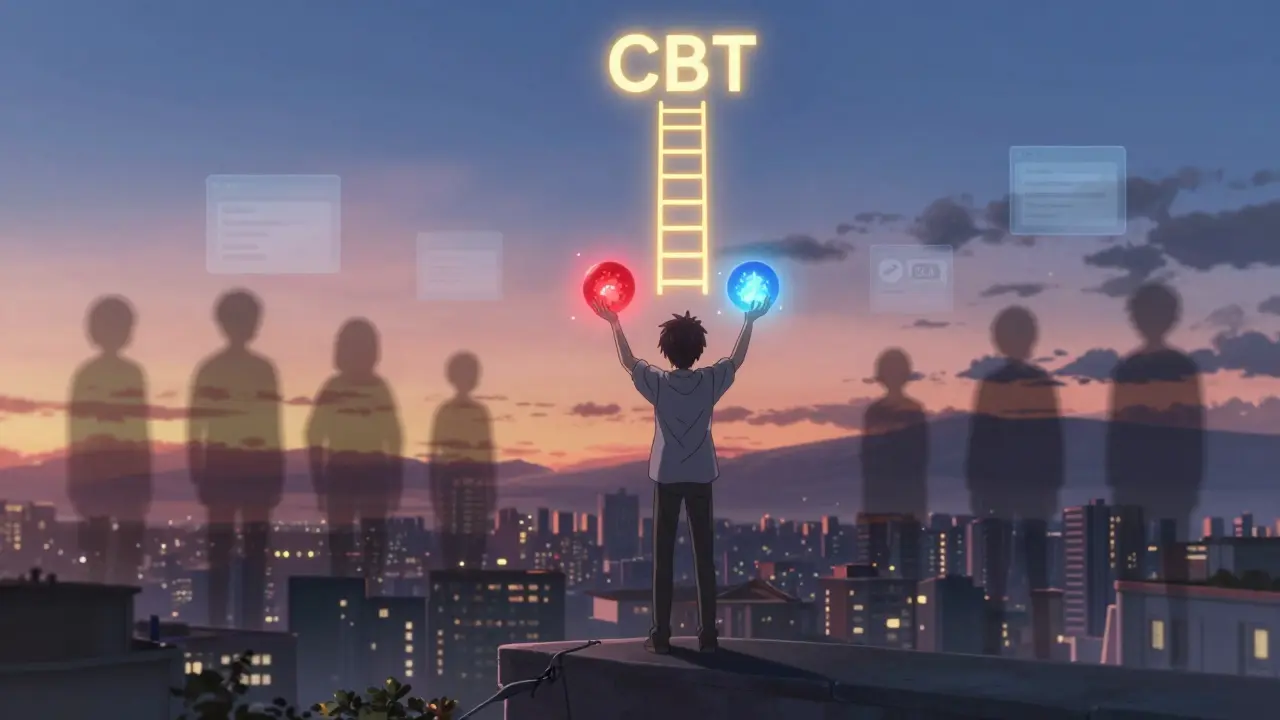 Person at dawn holding three glowing treatment options, with digital apps and fading past selves in the background.